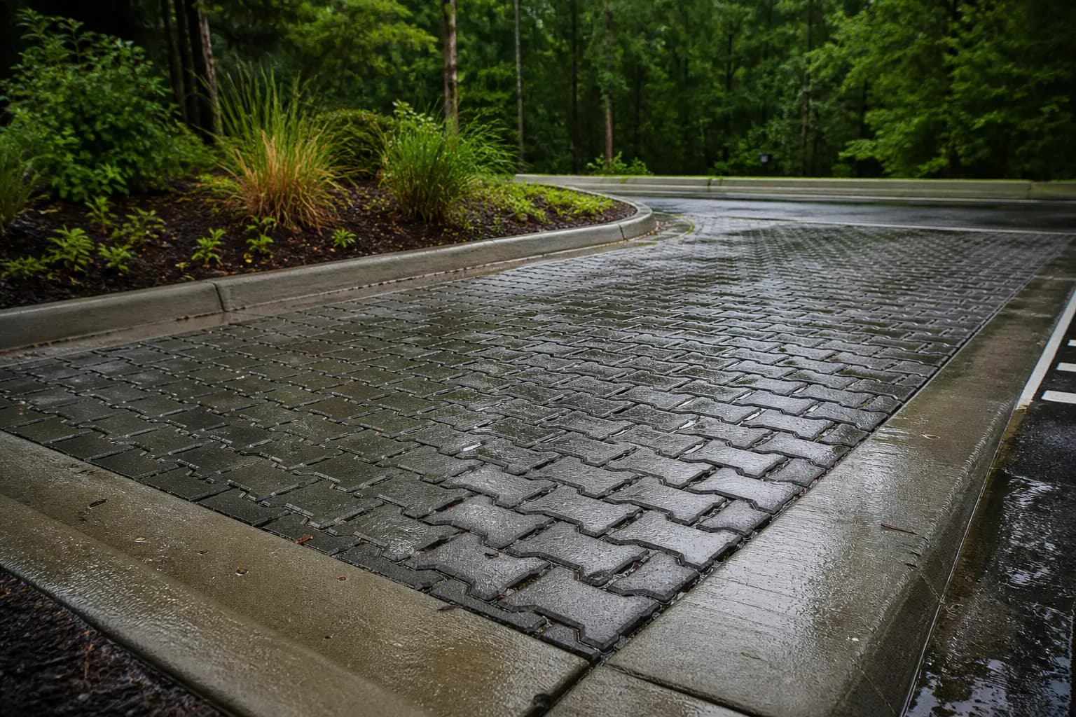 Permeable pavement parking area.