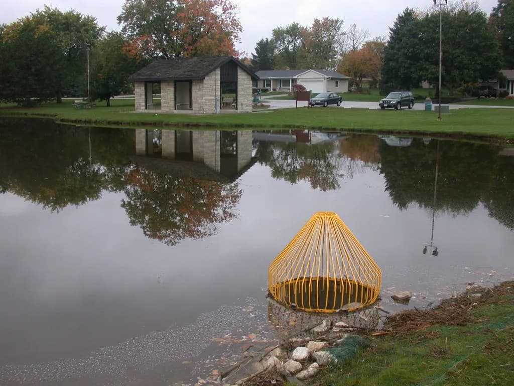 Wet pond with a yellow trash-rack outlet near a park shelter.